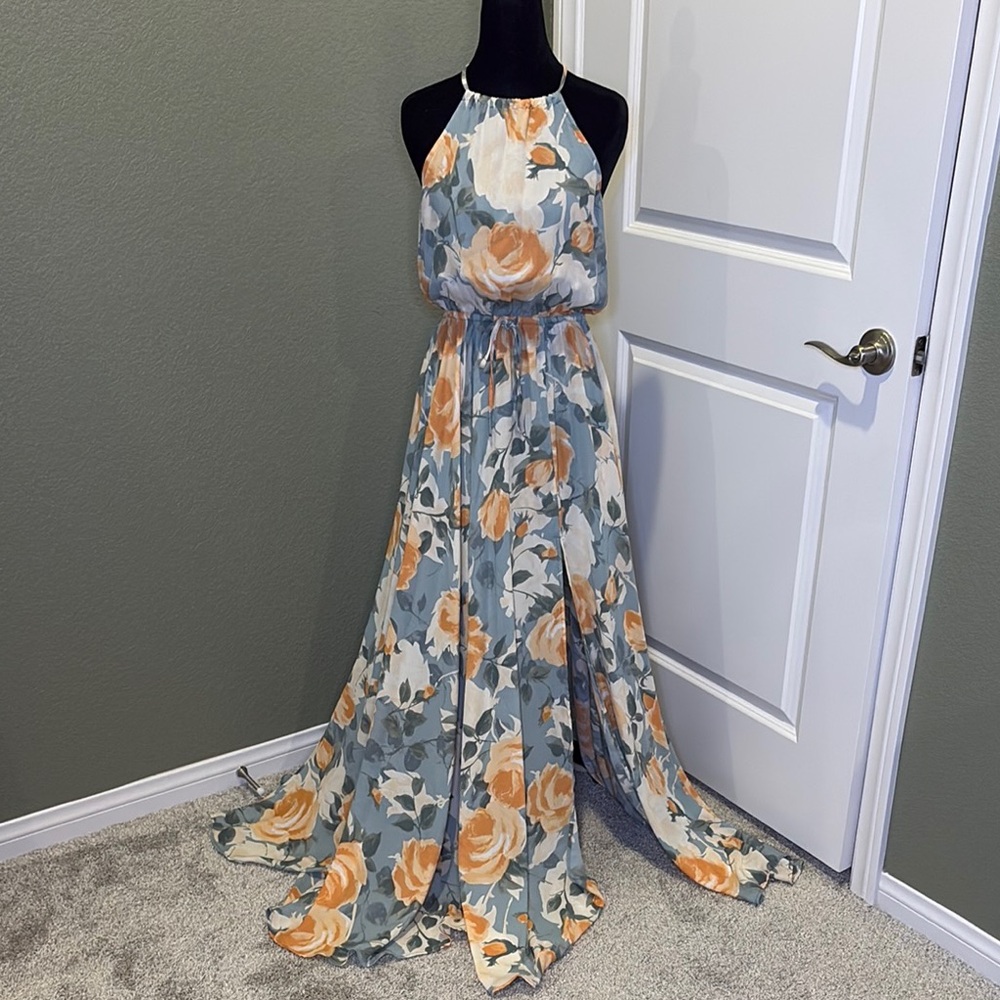 Lulu's Orange and Blue/Grey Floral Halter Maxi Dress